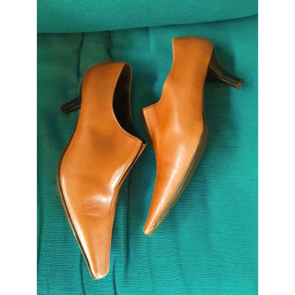 Jeannot Italy Leather Pointed Long Square Pumps Cognac Brown Sz 5 5.5 NWOB